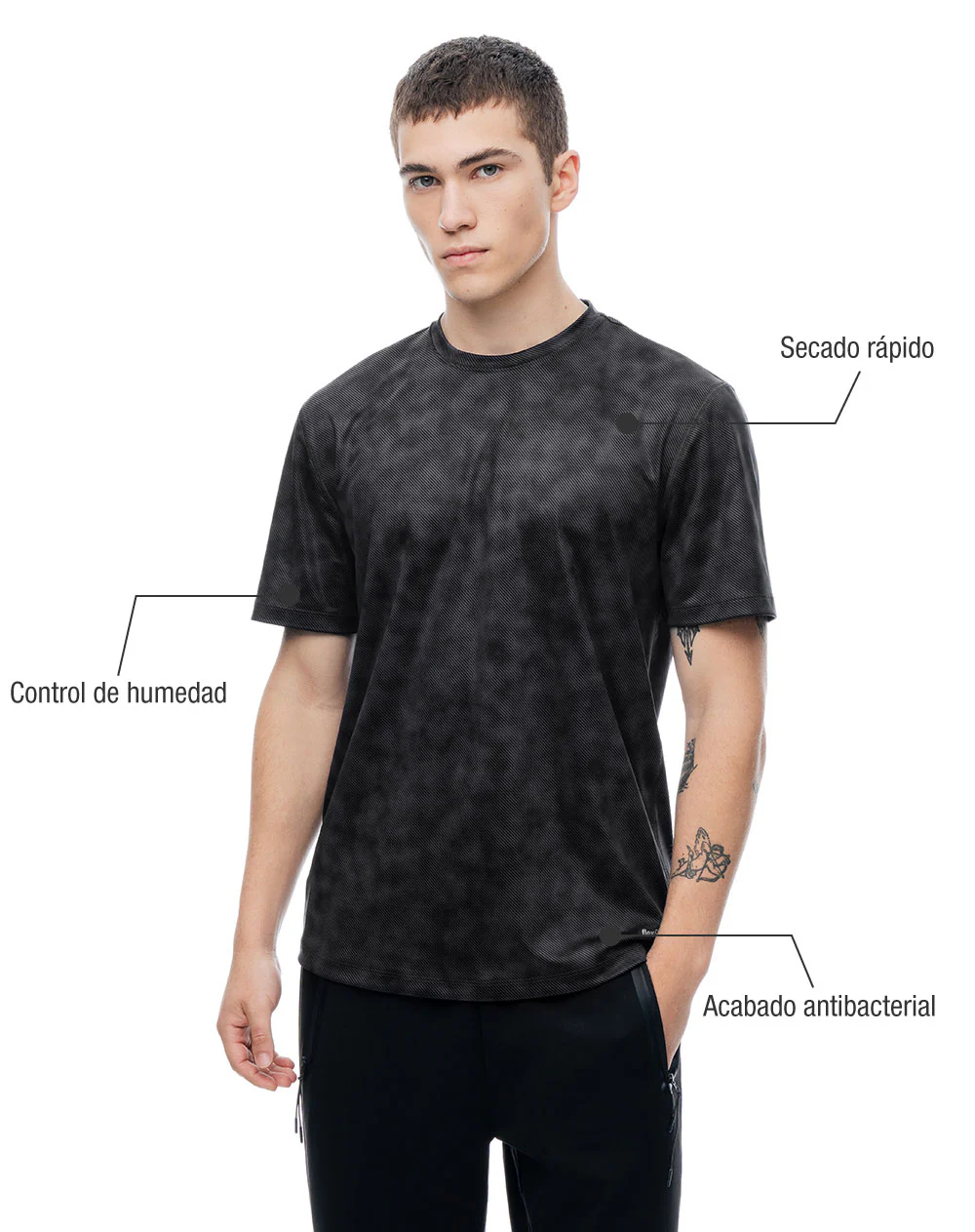 Camiseta deportiva control de humedad negra estampada hombre - Image 3