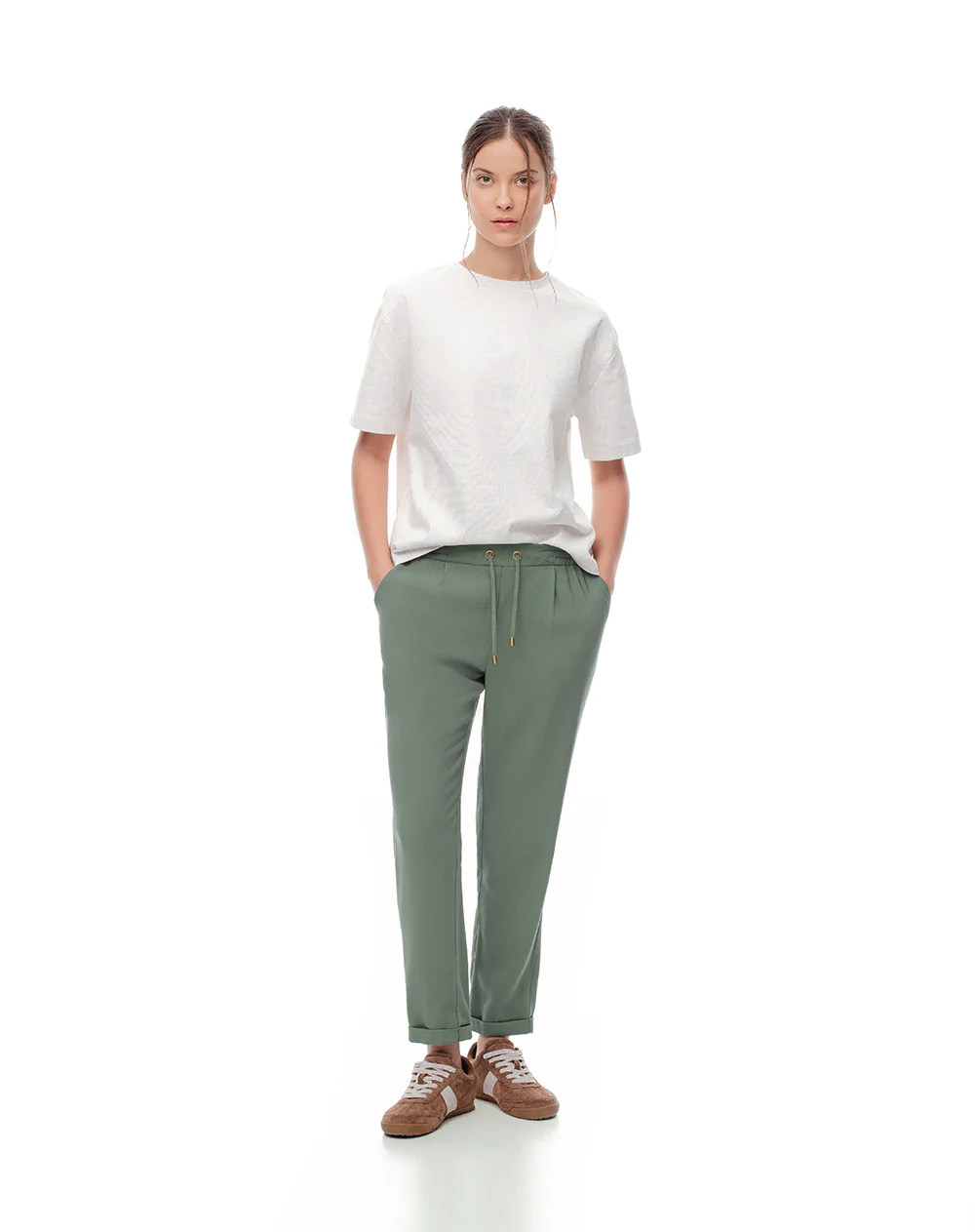 Pantalón recto tiro alto verde mujer