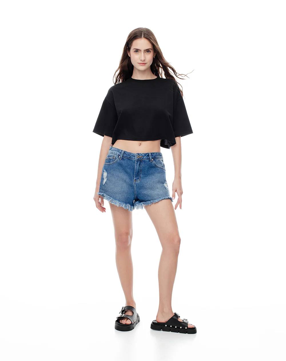 Short tiro medio denim desgaste índigo medio mujer - Image 3