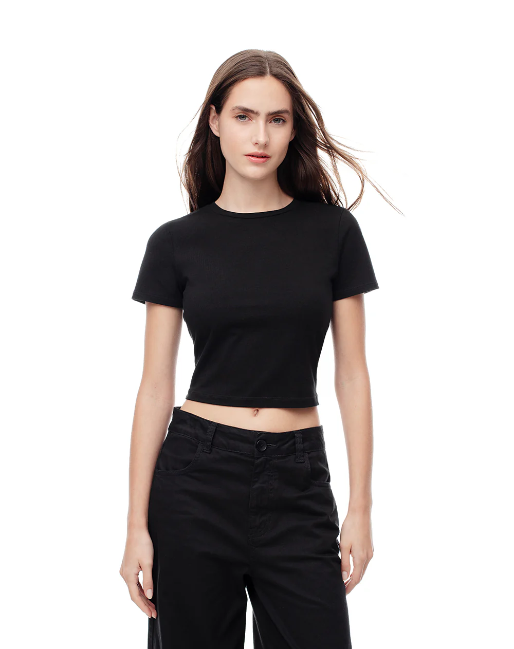 Camiseta crop slim algodón negra mujer