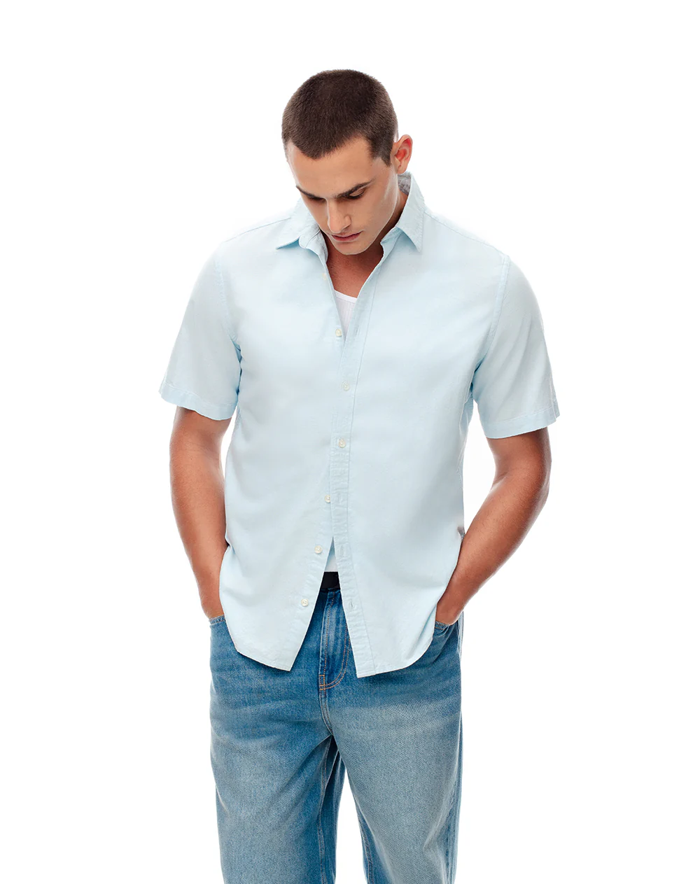 Camisa manga corta regular algodón azul hombre - Image 3