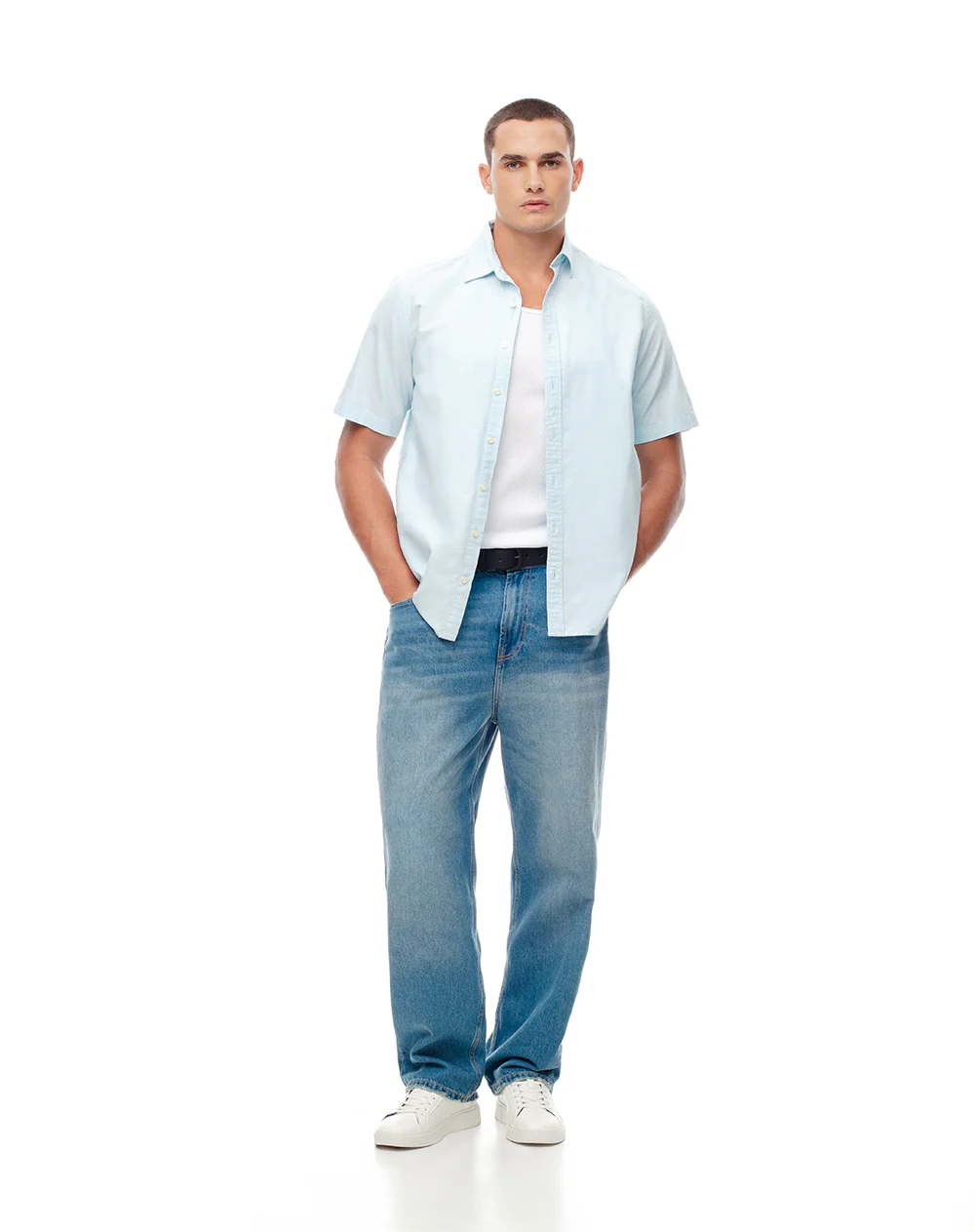 Camisa manga corta regular algodón azul hombre - Image 4