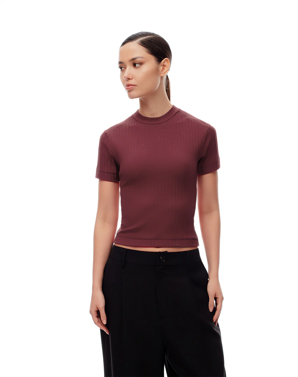 Camiseta crop slim algodón vinotinto mujer