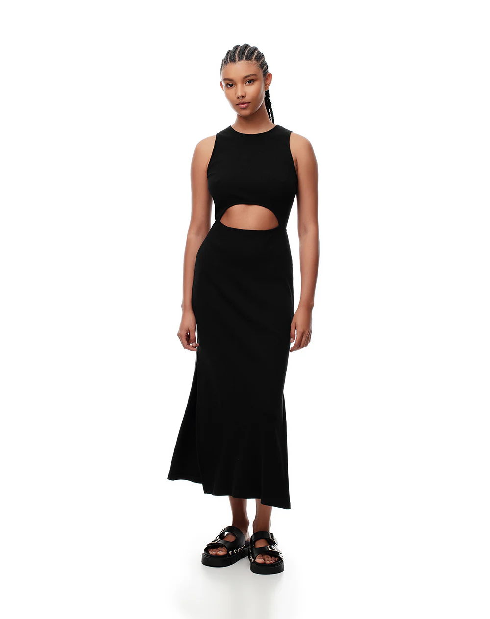 Vestido midi slim rib algodón negro mujer - Image 4