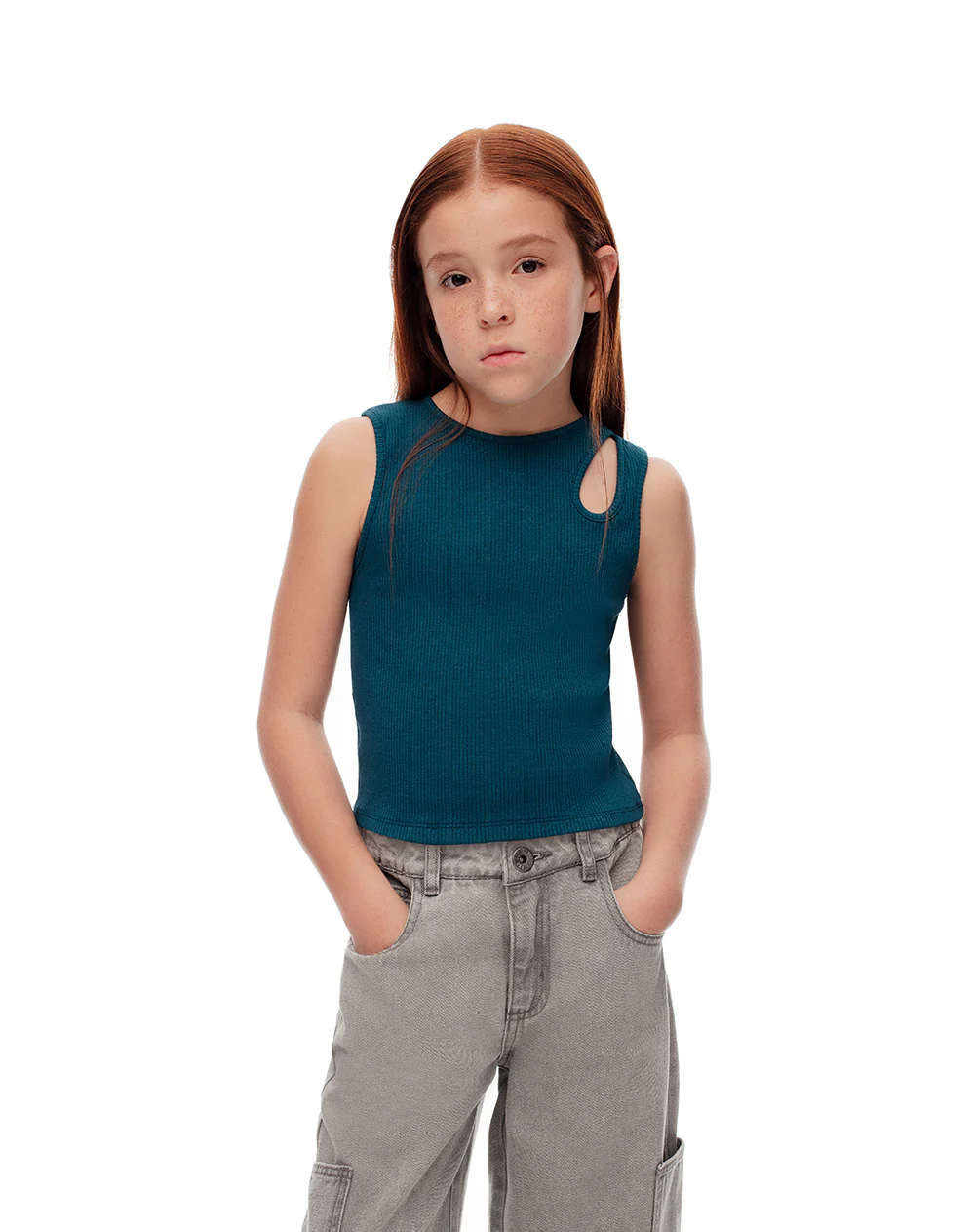 Camiseta esqueleto slim rib algodón verde niña