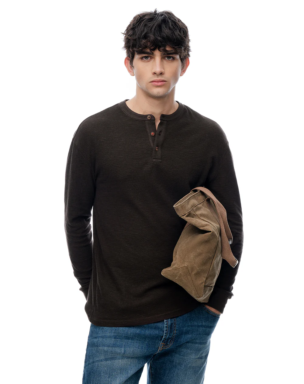 Camiseta slim manga larga café hombre - Image 2