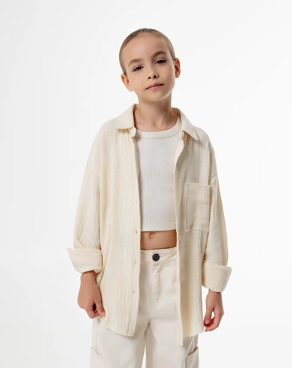 Camisa manga larga oversize algodón crema niña - Image 3