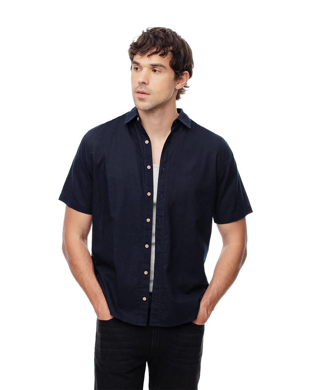 Camisa manga corta regular lino azul hombre - Image 3