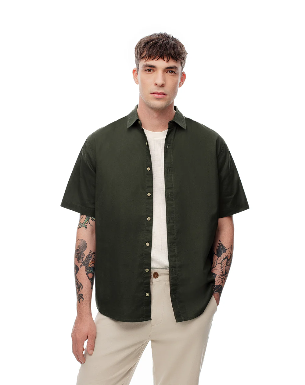 Camisa manga corta regular lino verde hombre