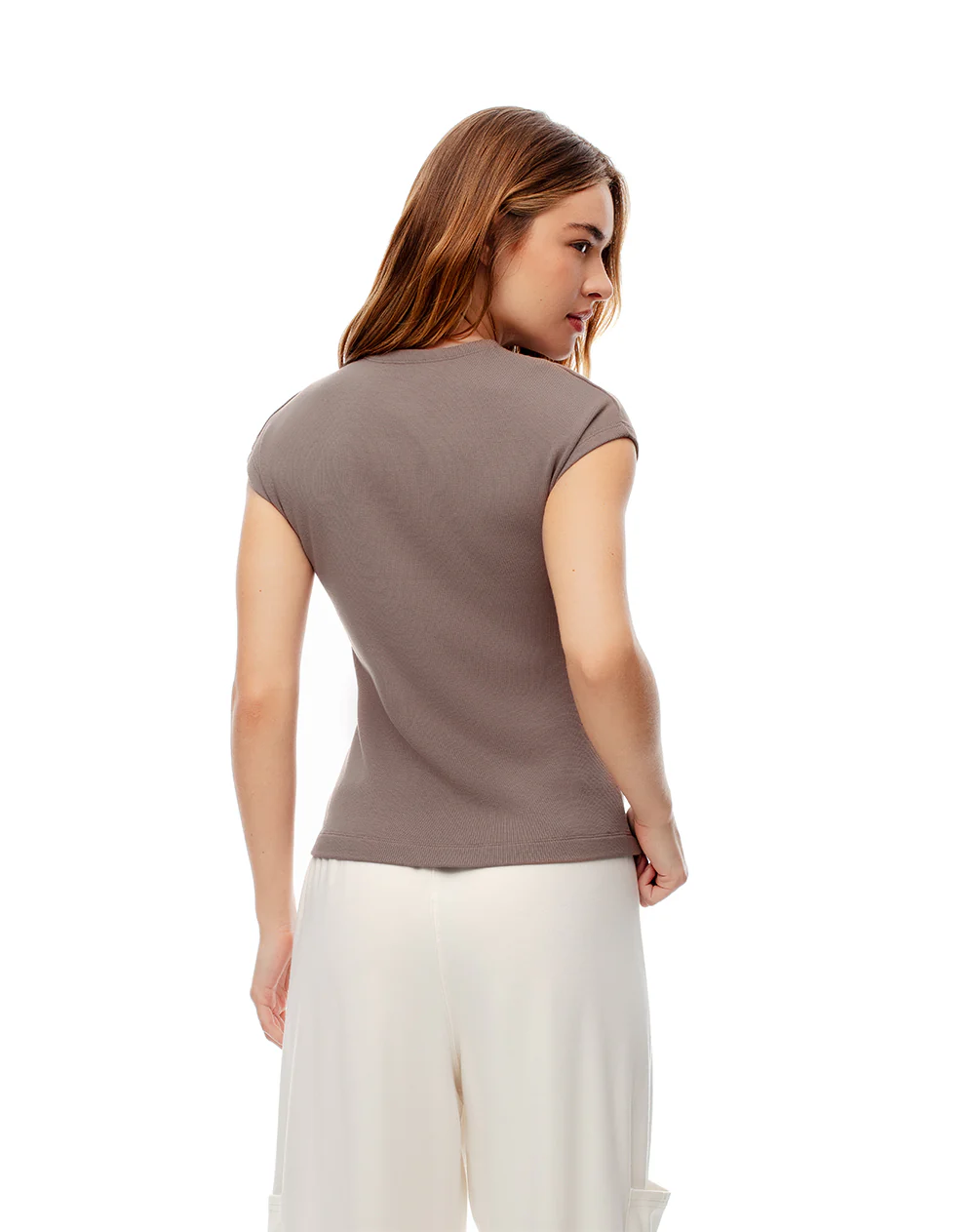 Camiseta slim manga corta café mujer - Image 2