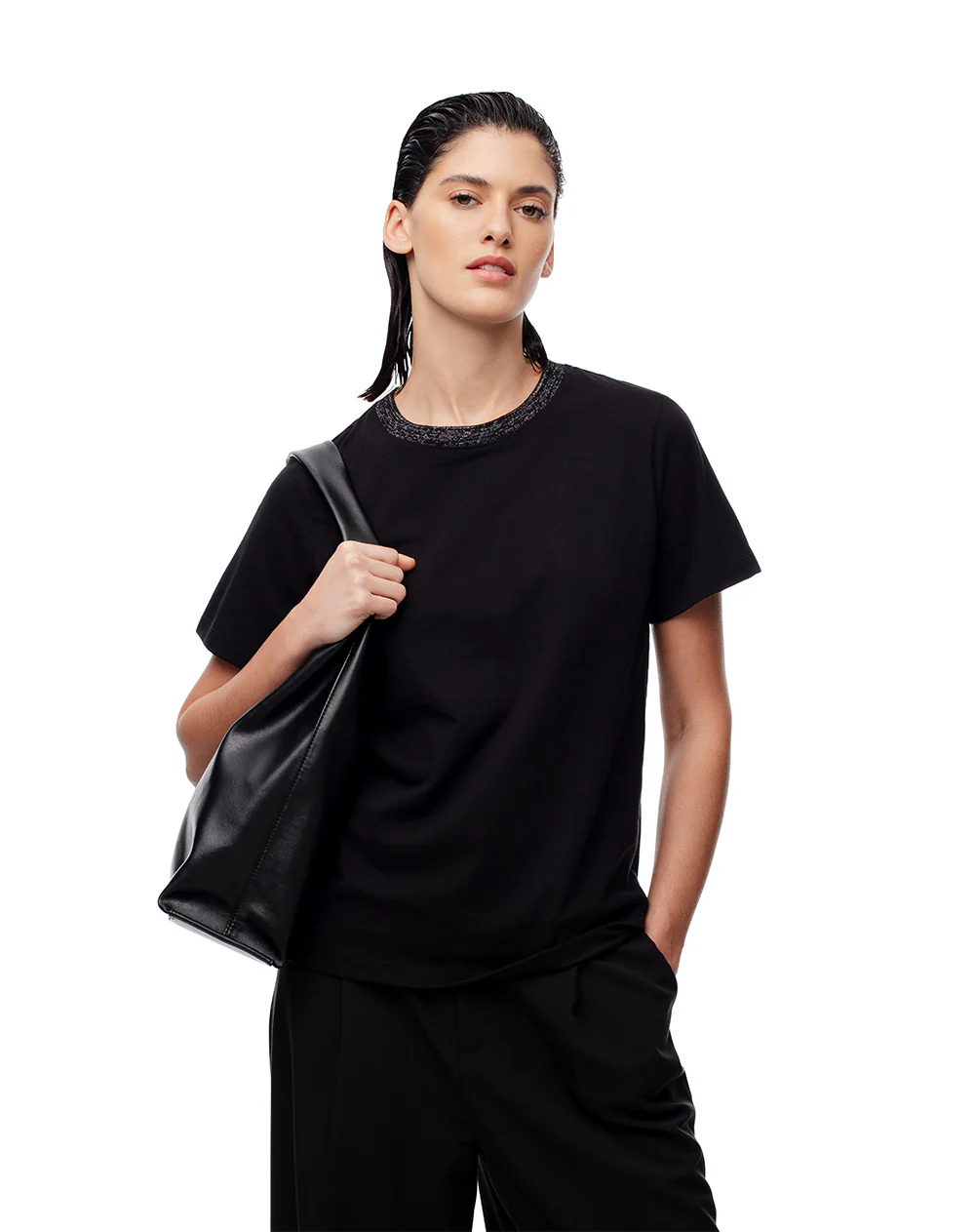 Camiseta regular algodón negra mujer