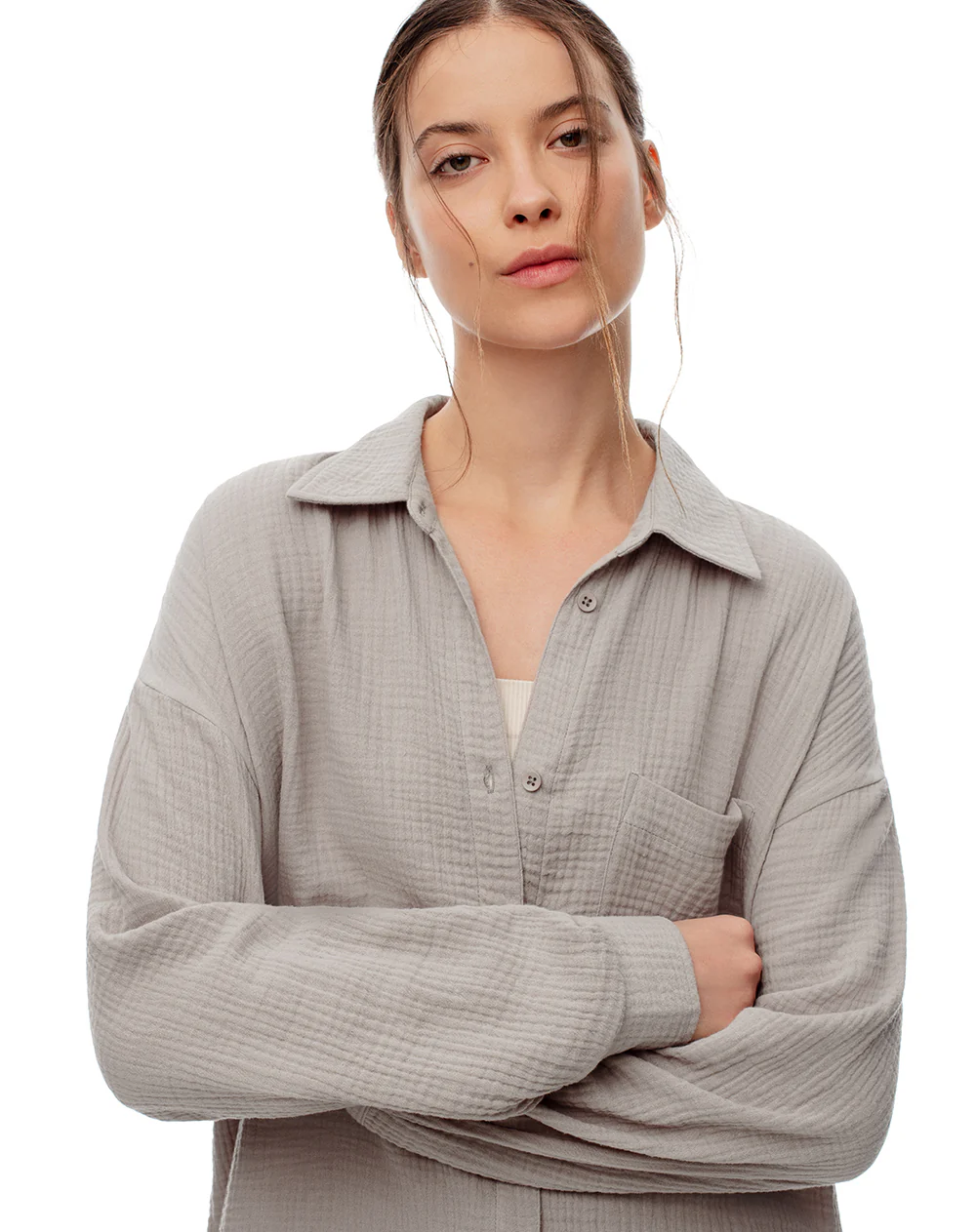 Camisa relax manga larga algodón taupe mujer