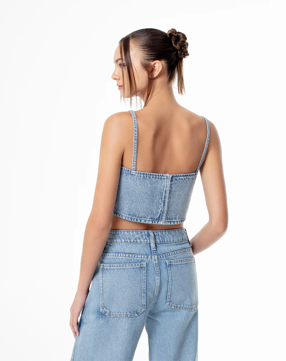 Crop top denim brillos índigo claro mujer - Image 2