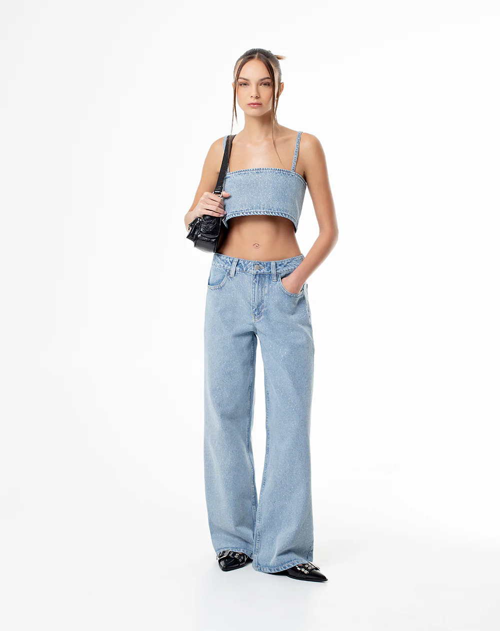 Crop top denim brillos índigo claro mujer - Image 4