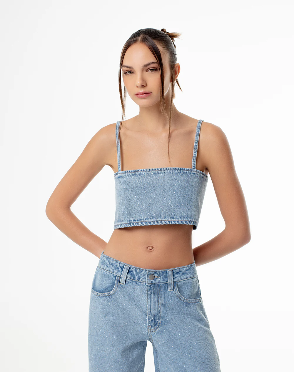 Crop top denim brillos índigo claro mujer - Image 5