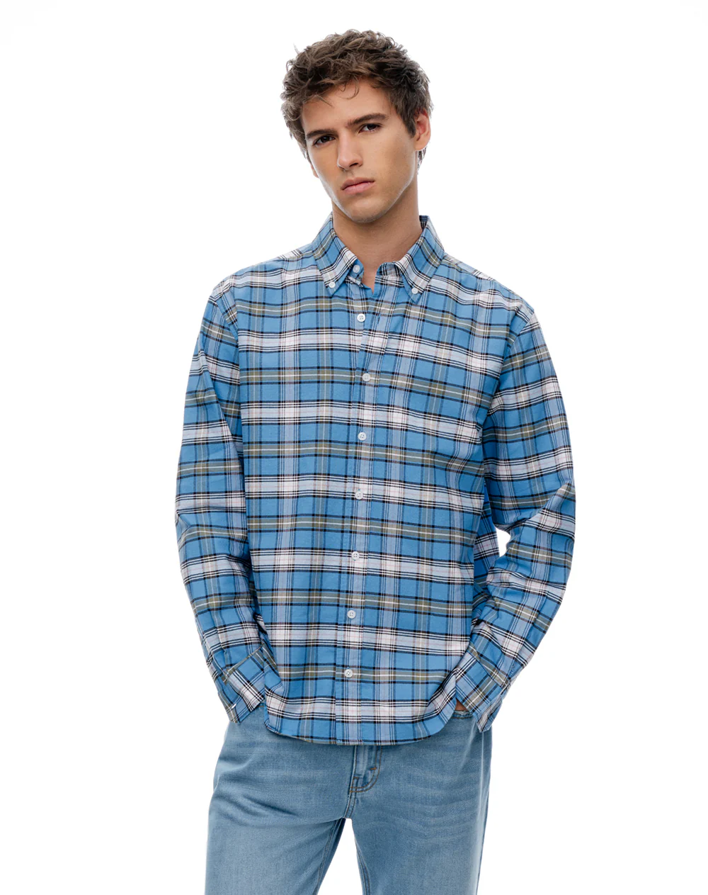 Camisa regular manga larga azul con cuadros hombre