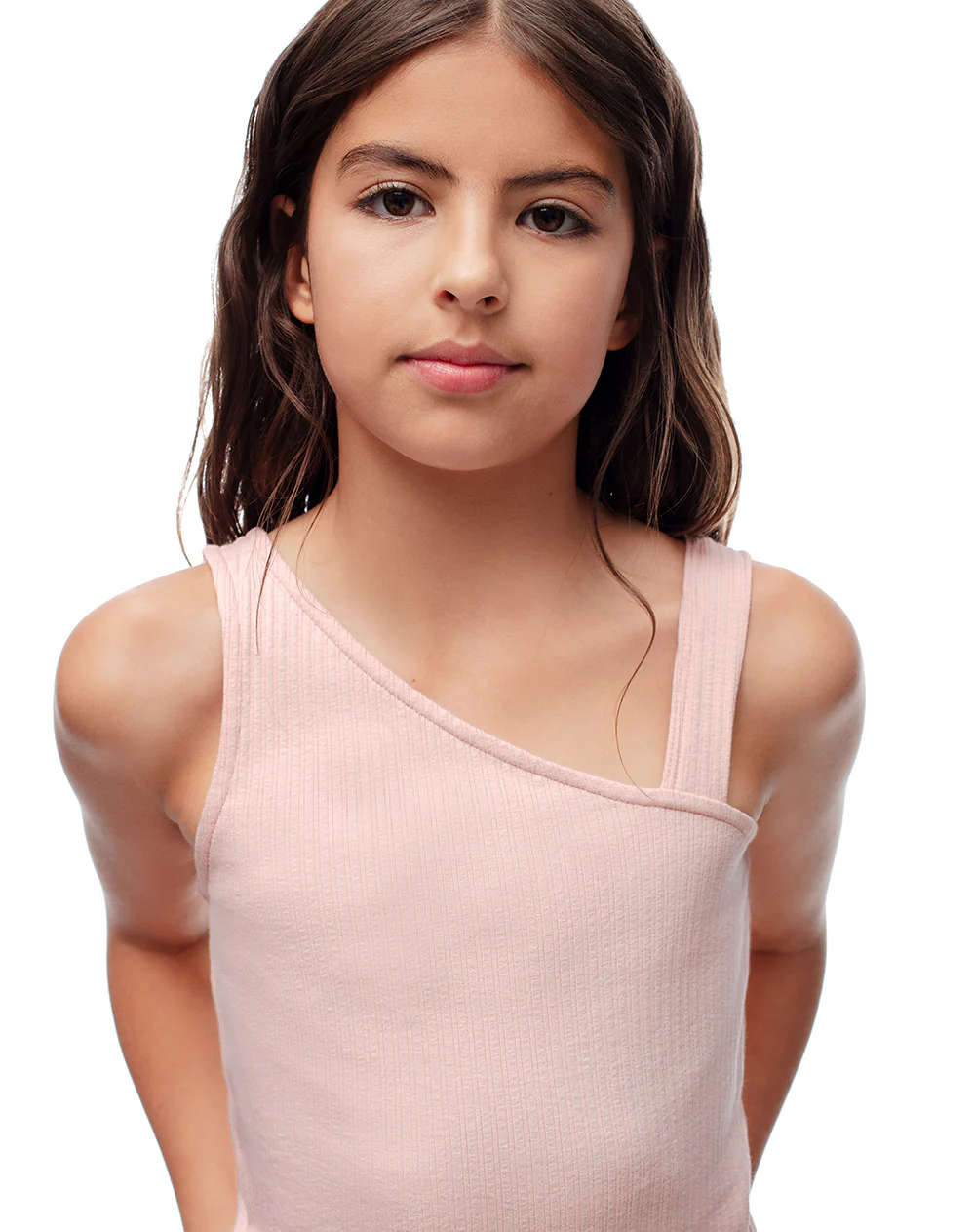 Camiseta asimétrica slim rib algodón rosada niña - Image 3