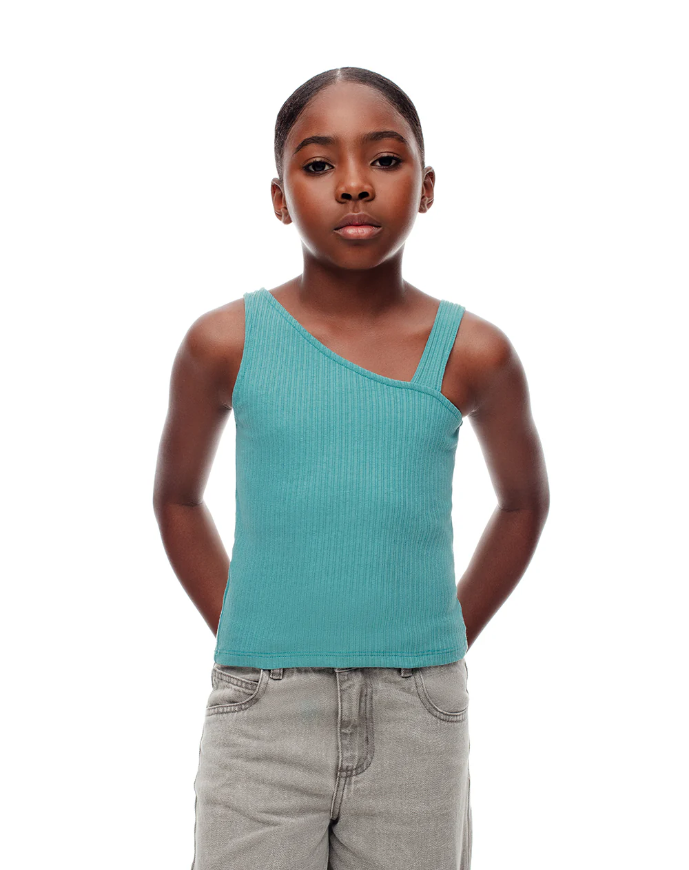 Camiseta asimétrica slim rib algodón azul niña