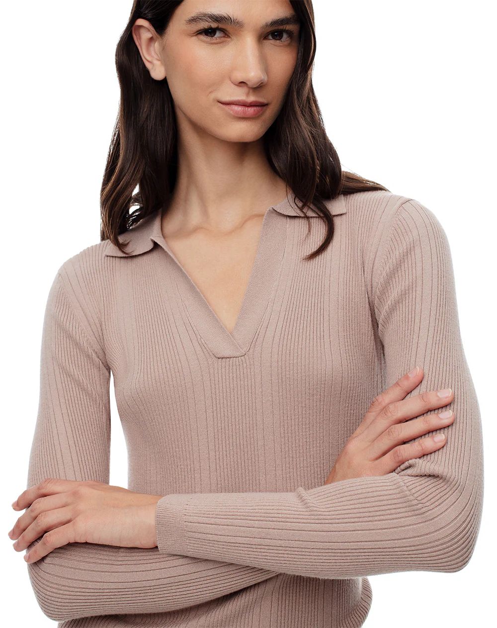 Camibuzo tipo polo slim tejido de punto taupe mujer - Image 3