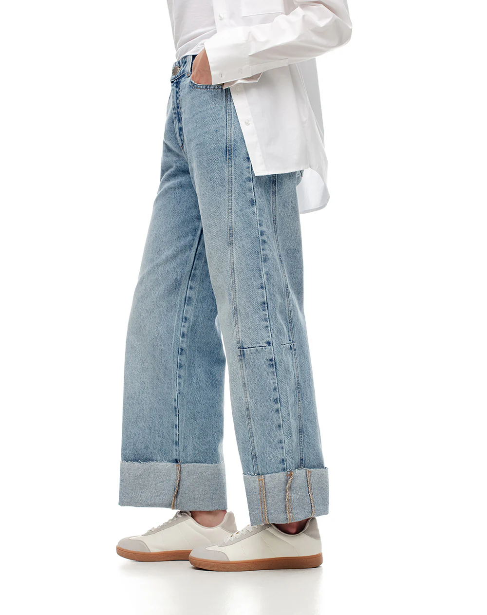 Jean wide leg tiro alto dobladillo índigo claro mujer - Image 4