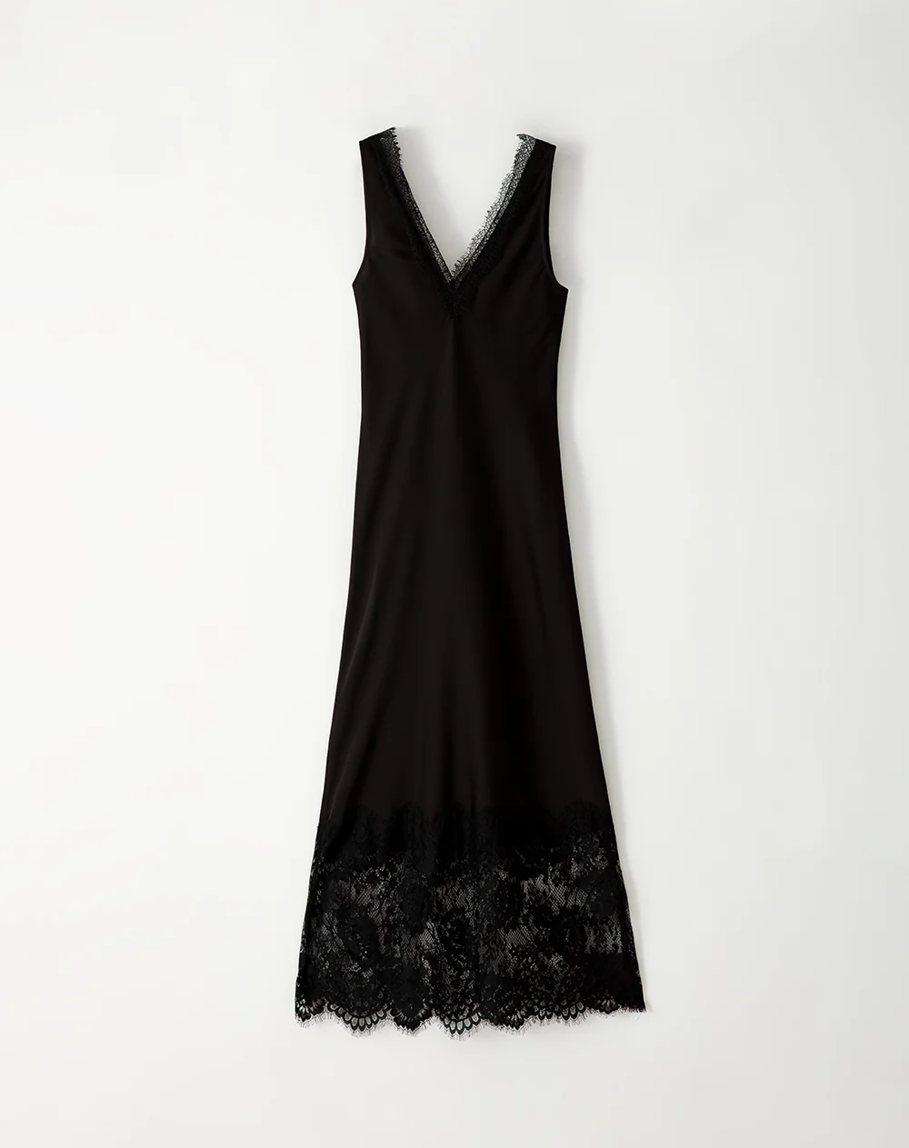 Vestido largo satín con encaje negro mujer