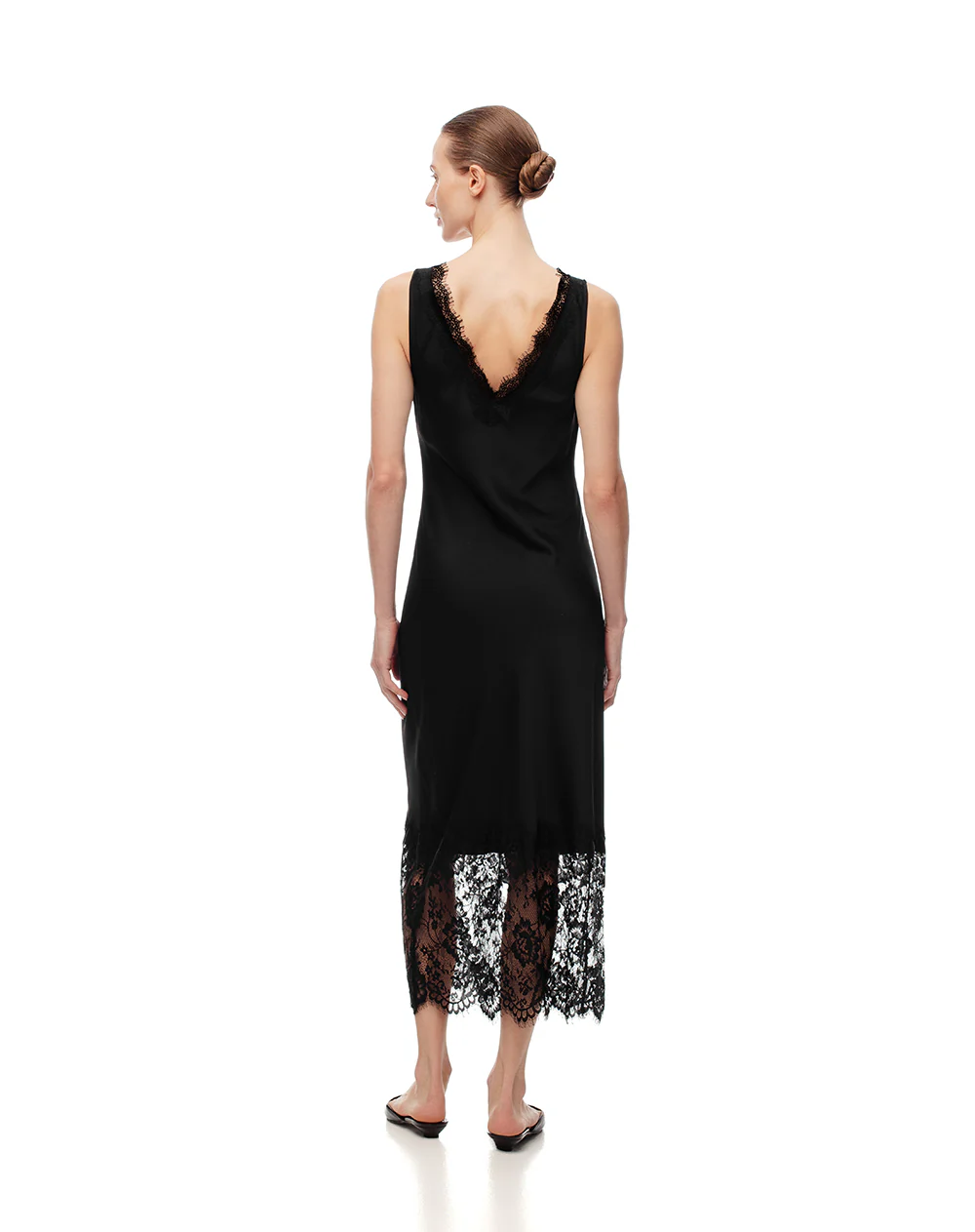 Vestido largo satín con encaje negro mujer - Image 3
