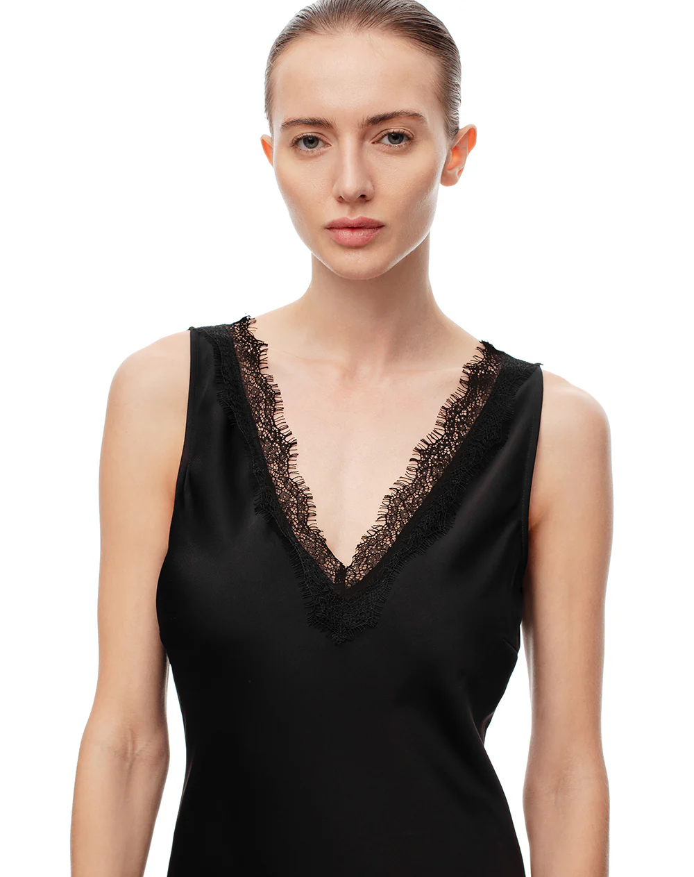Vestido largo satín con encaje negro mujer - Image 6