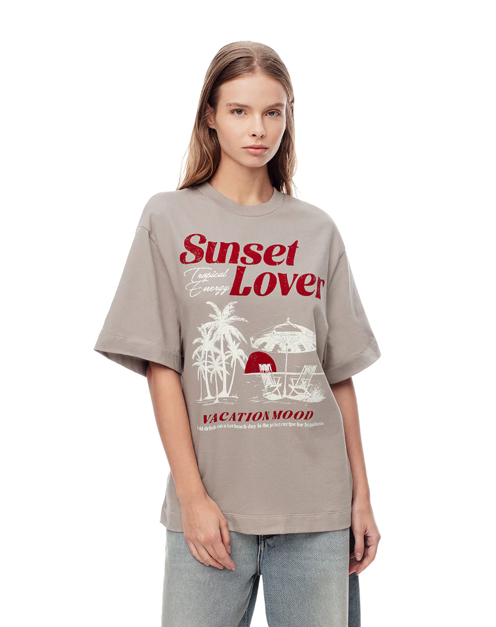Camiseta oversize algodón taupe estampada mujer