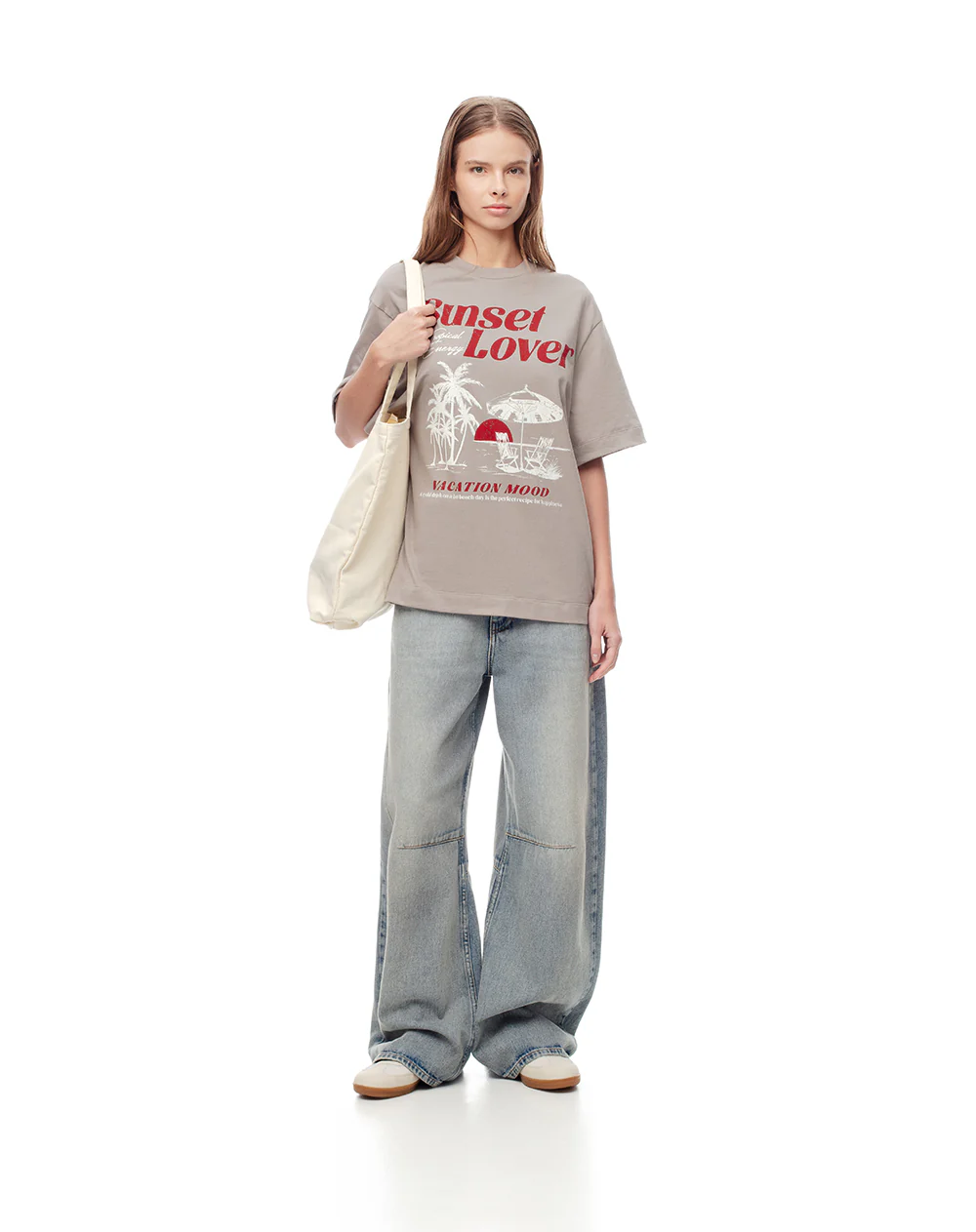 Camiseta oversize algodón taupe estampada mujer - Image 4