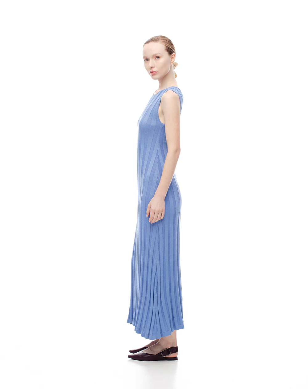 Vestido largo tejido acanalado azul mujer - Image 3