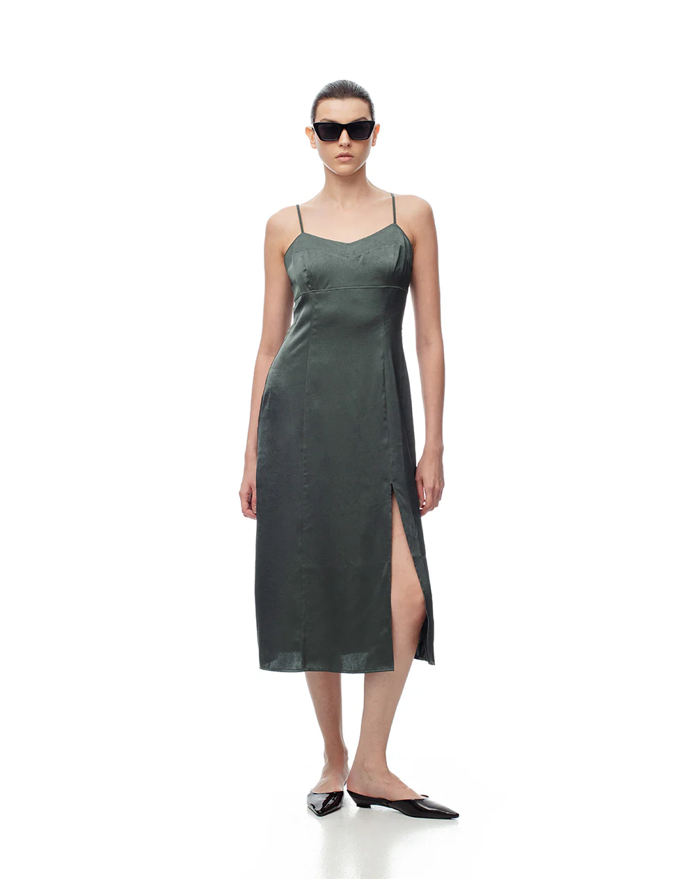 Vestido midi satinado verde mujer