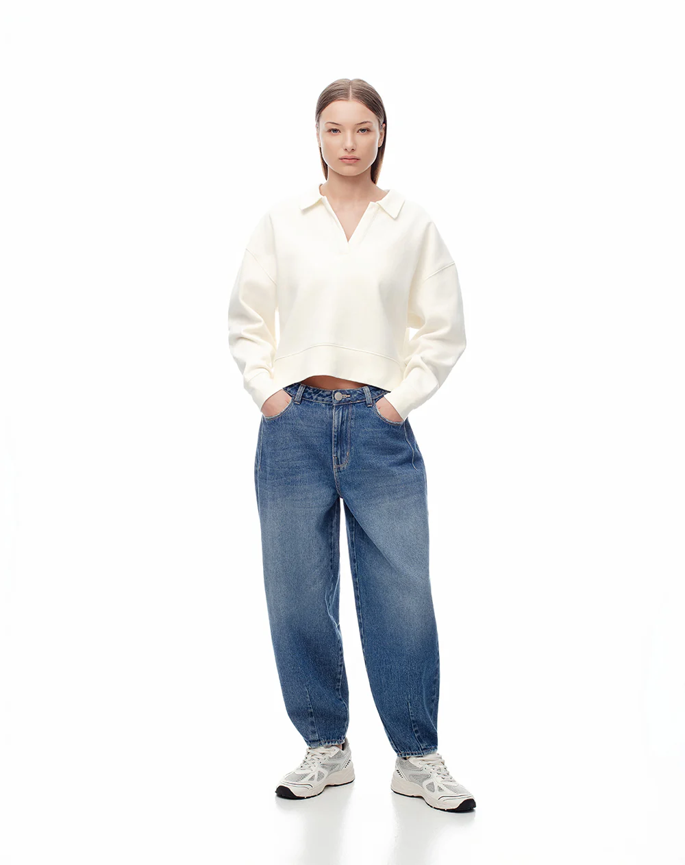Jean barrel tiro medio índigo medio mujer