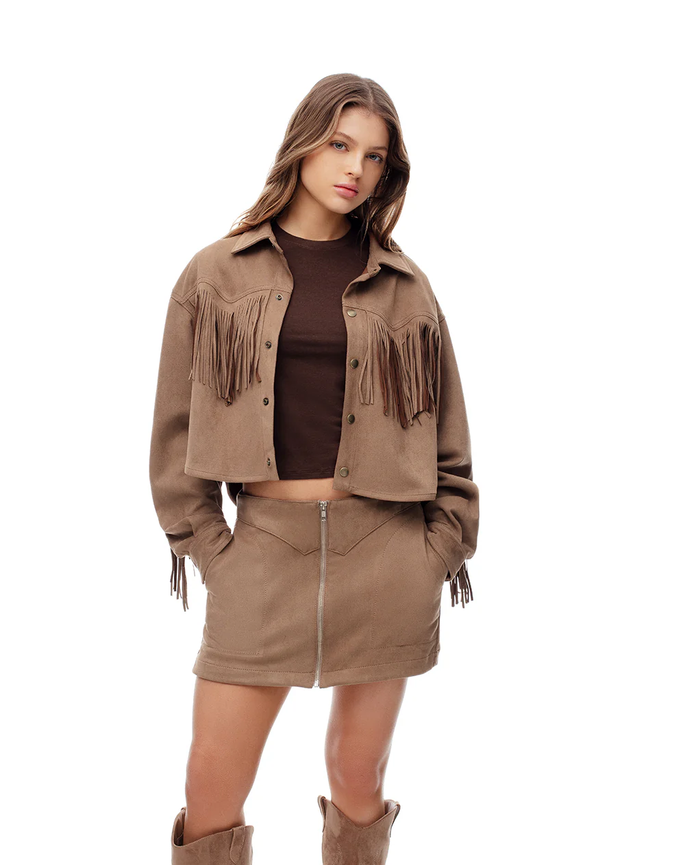 Falda short tiro medio tejido suede café mujer