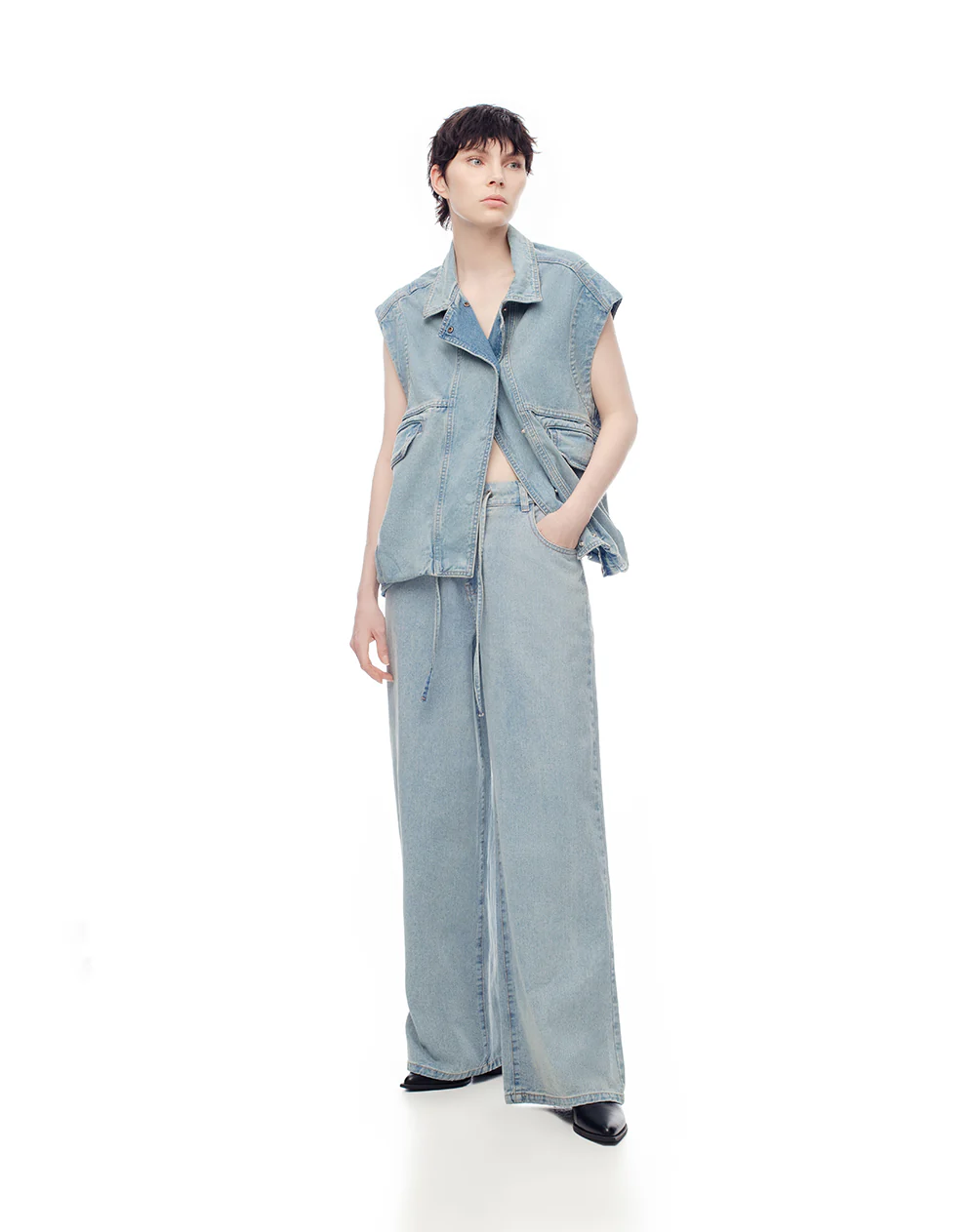 Jean wide leg tiro alto índigo medio mujer