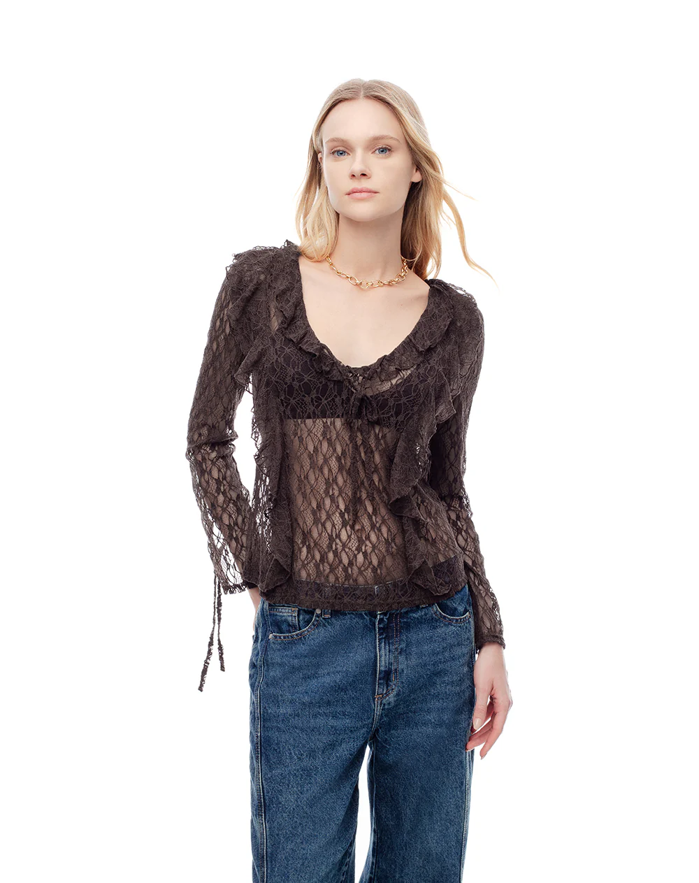 Blusa manga larga regular encaje chocolate mujer - Image 2