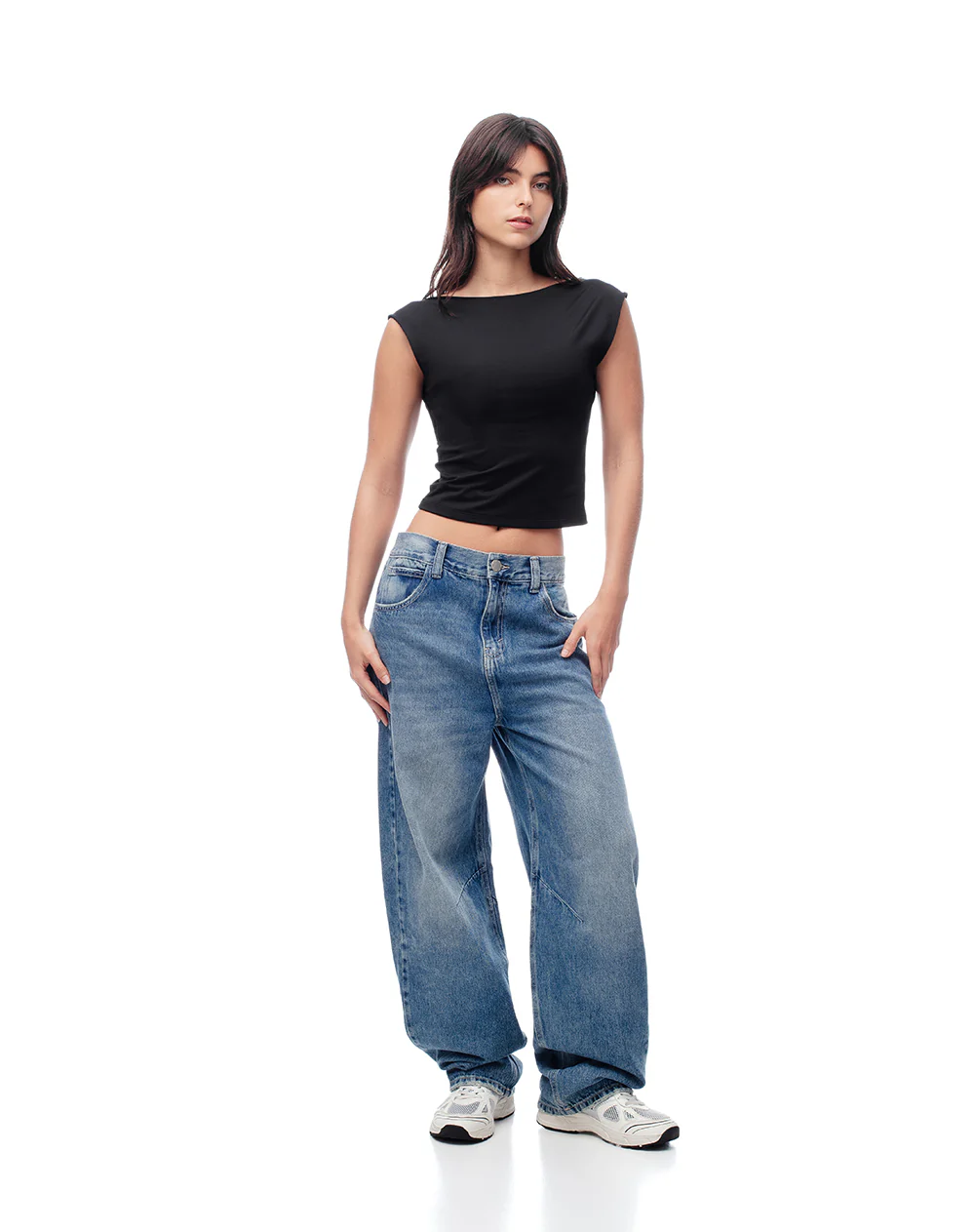 Camiseta crop slim doble tela negra mujer - Image 3
