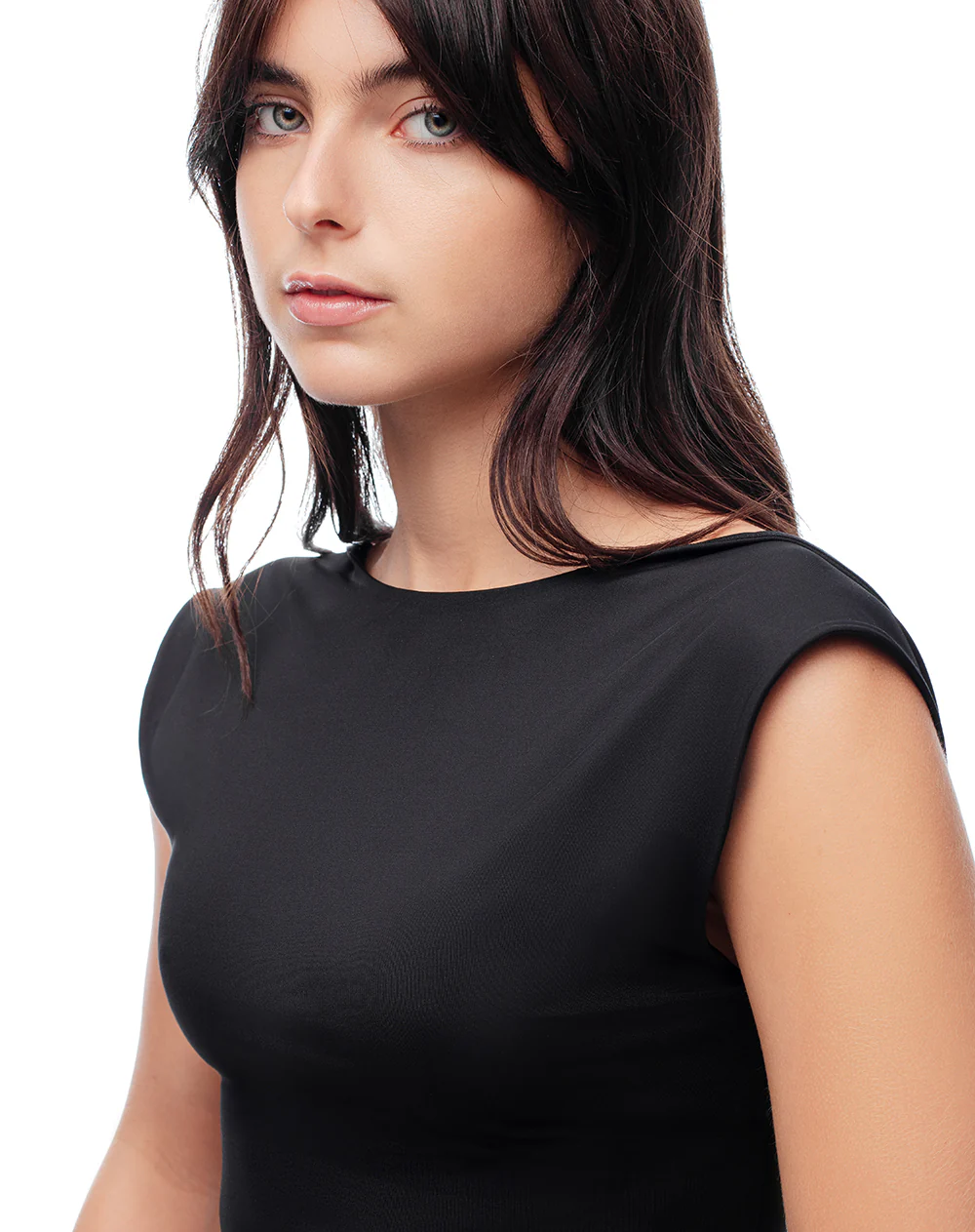 Camiseta crop slim doble tela negra mujer - Image 4