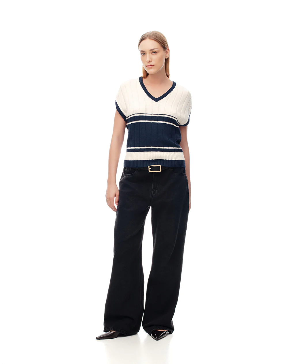 Chaleco tipo preppy tejido de punto crema mujer - Image 3