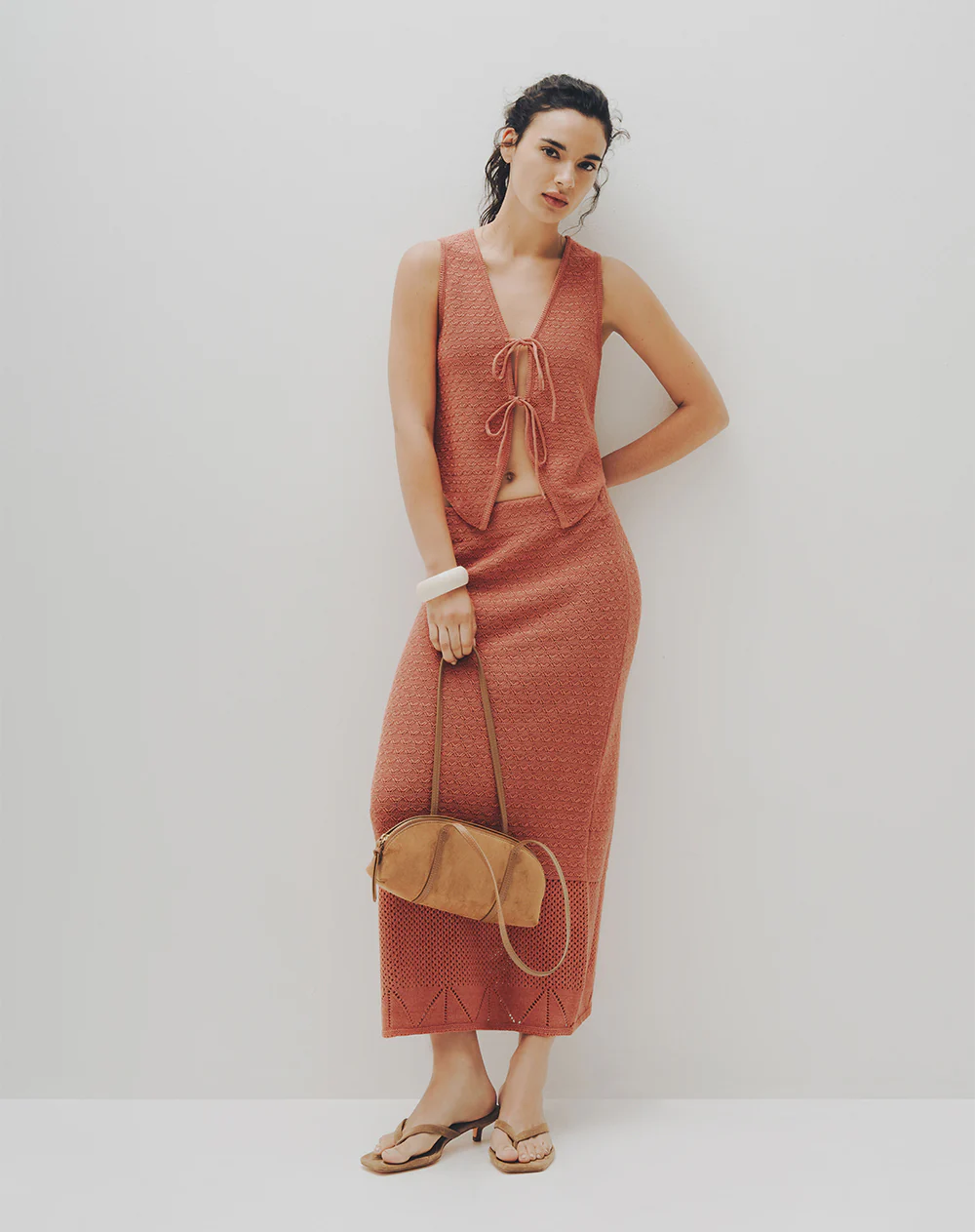 Falda midi tejida calada terracota mujer - Image 6