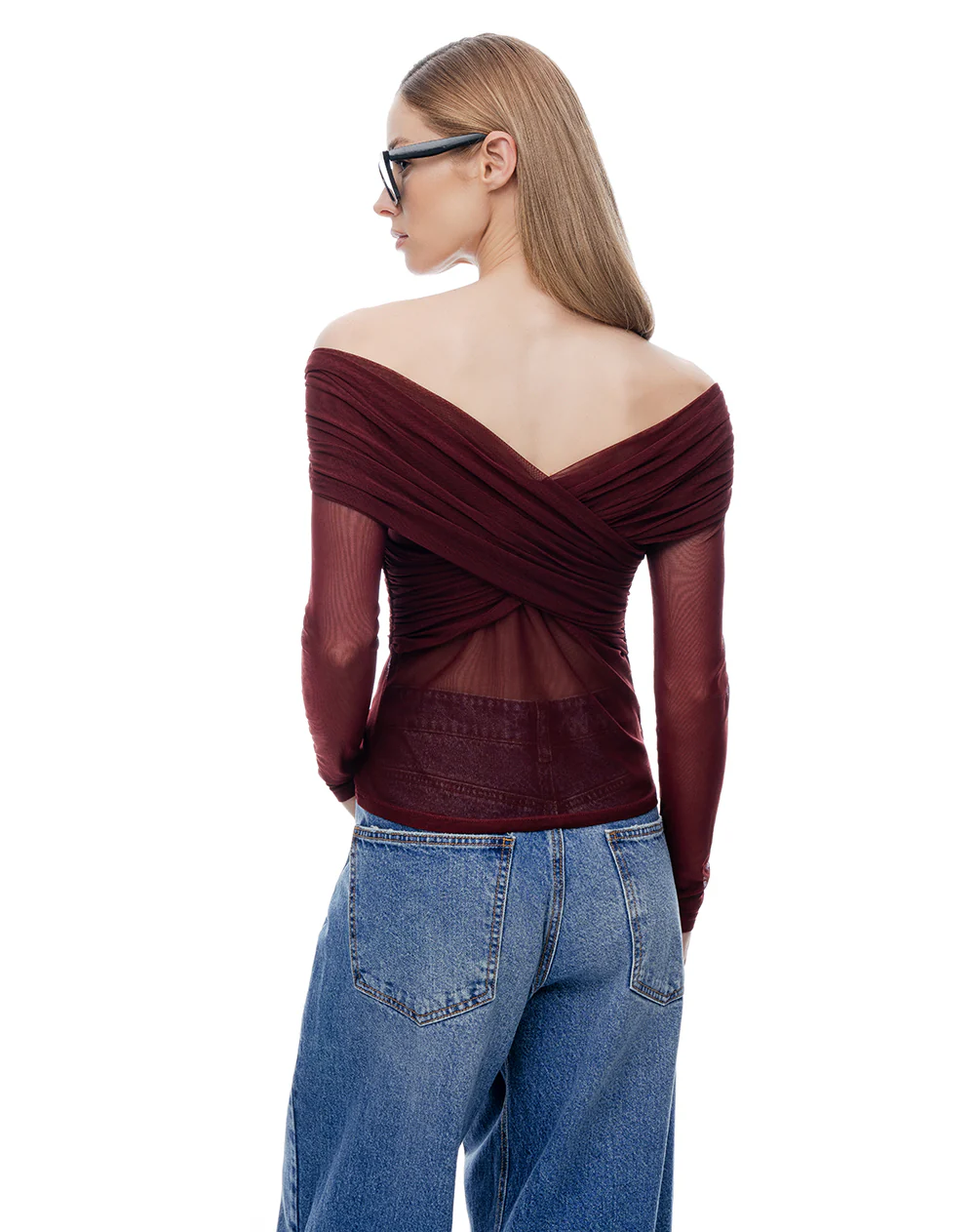 Buzo slim off shoulder semitransparente vinotinto mujer - Image 2