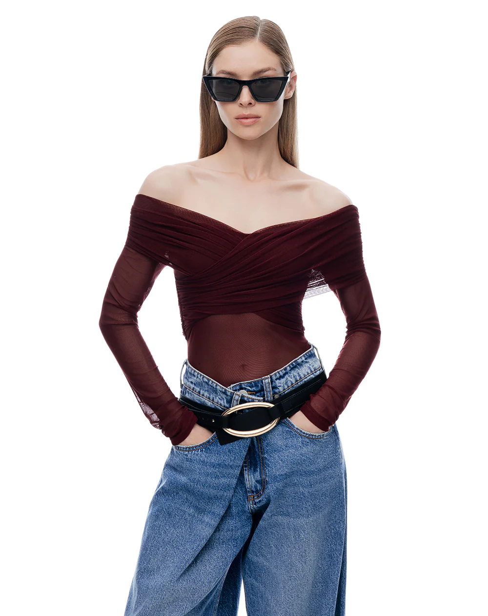Buzo slim off shoulder semitransparente vinotinto mujer - Image 4