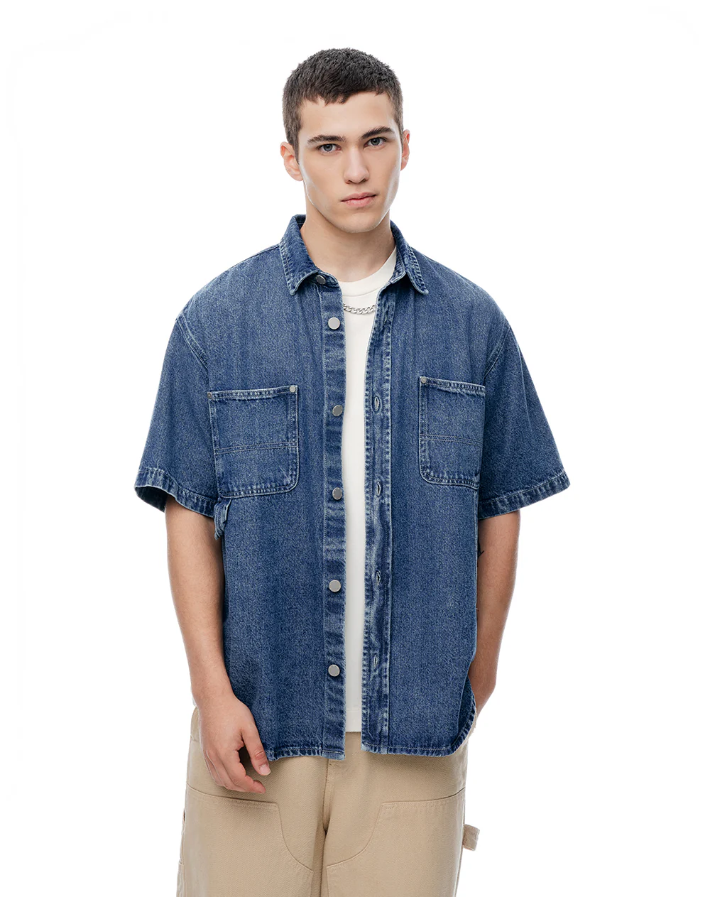Camisa regular manga corta índigo medio hombre