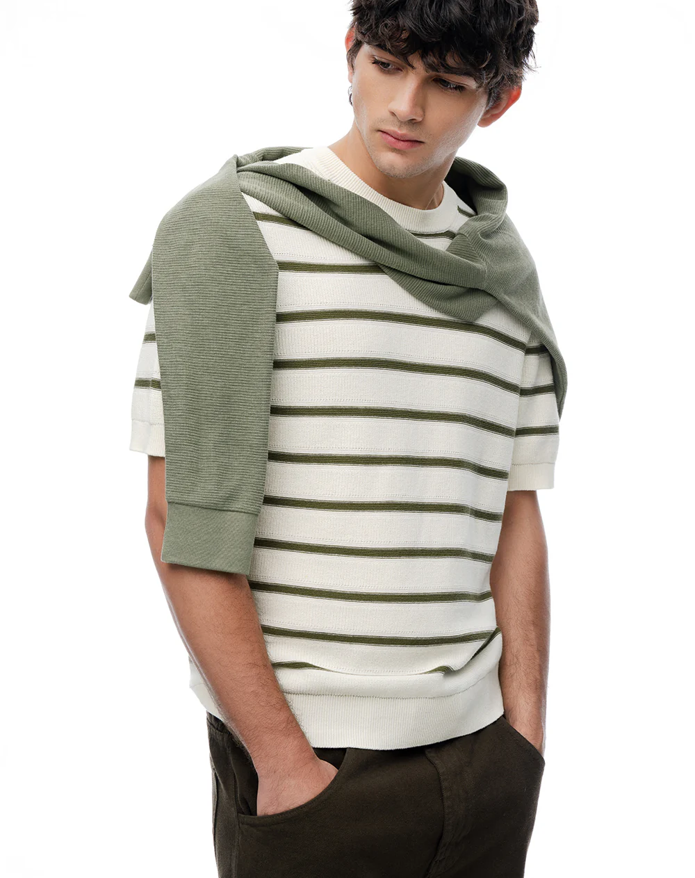 Camiseta manga corta regular tejido de punto rayas hombre - Image 5