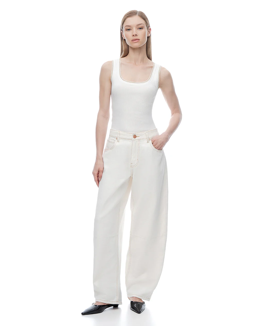 Jean baggy tiro medio crudo mujer