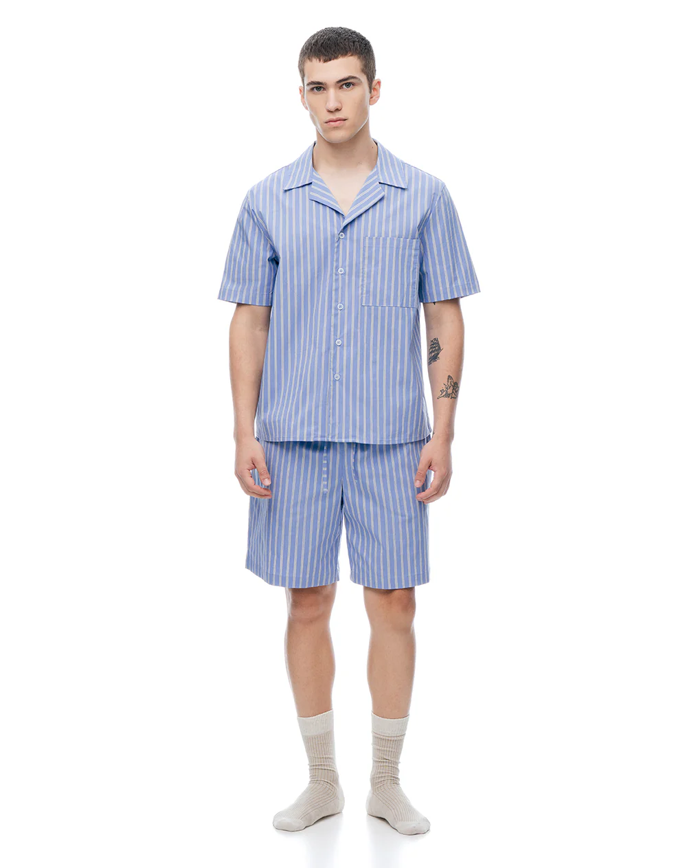 Camisa + bermuda de pijama algodón azul con rayas hombre - Image 3