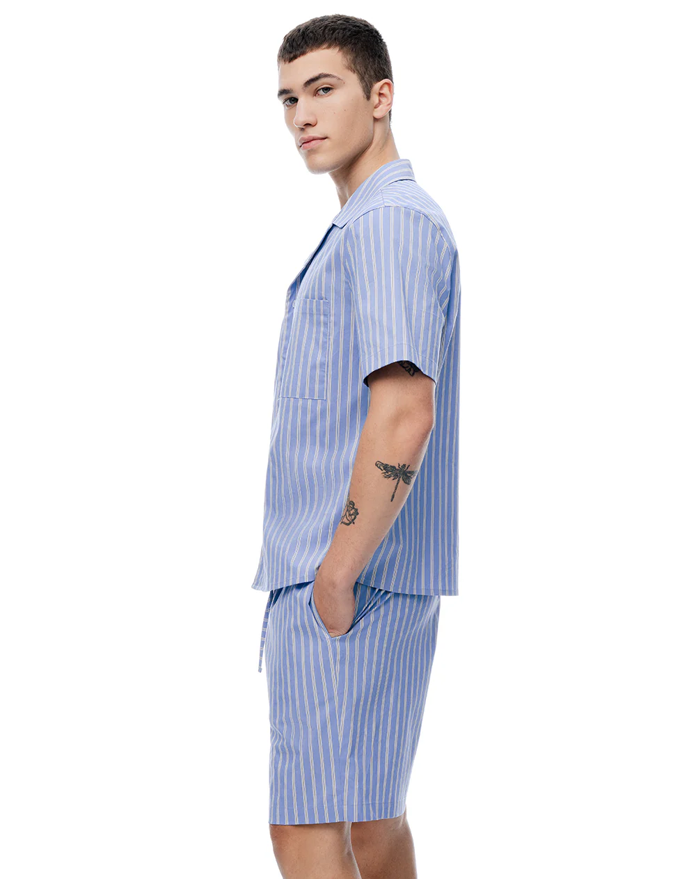 Camisa + bermuda de pijama algodón azul con rayas hombre - Image 6