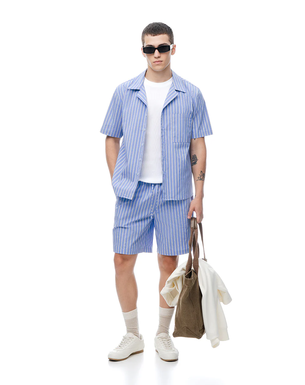 Camisa + bermuda de pijama algodón azul con rayas hombre - Image 7