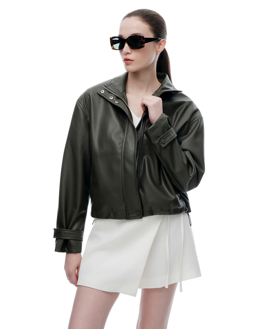 Chaqueta regular tipo cuero verde mujer - Image 3